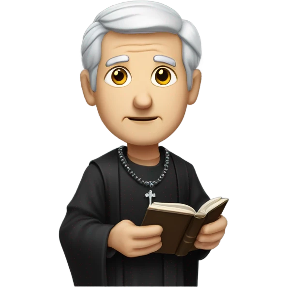 "An older man with grey hair, a weathered face, and a solemn expression. He wears a black robe with a clerical collar and holds a Bible or rosary, standing in a modest church." emoji