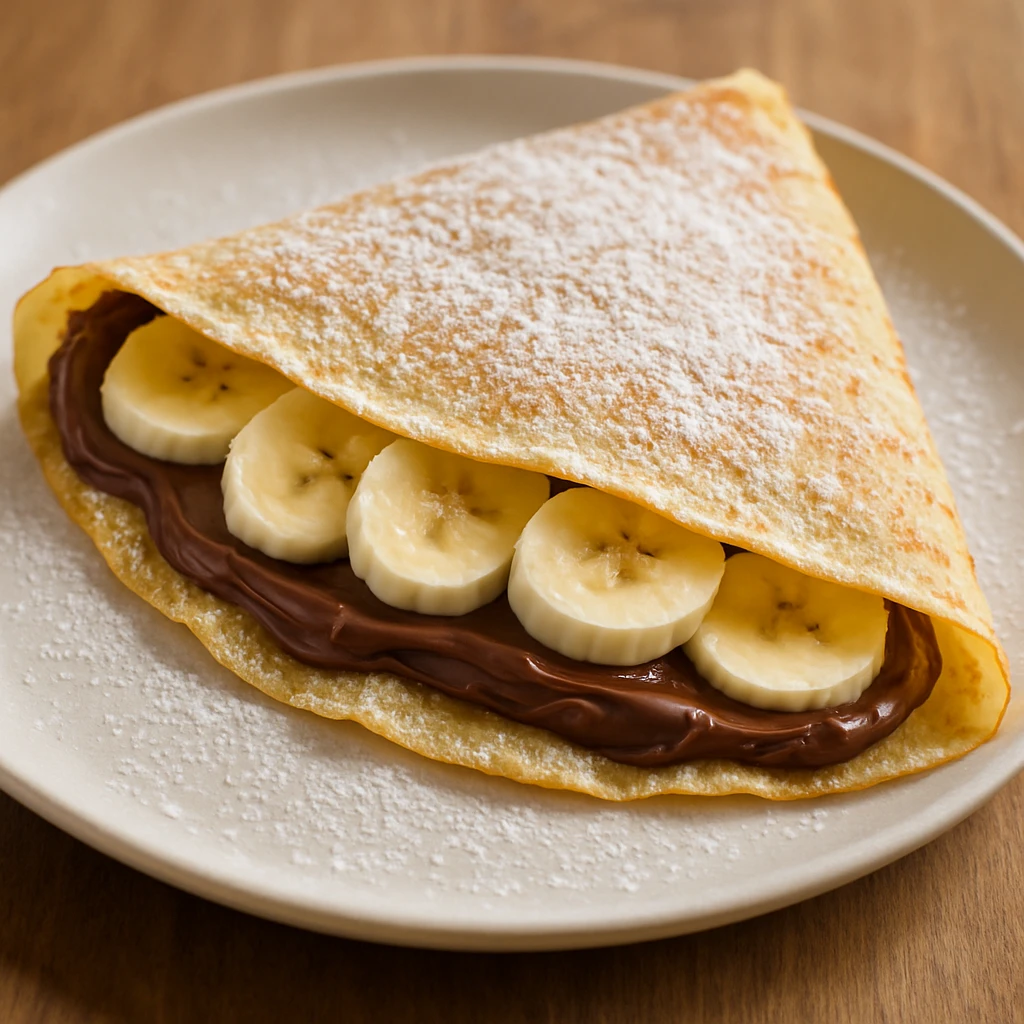 a French crepe filled with Nutella and banana slices, folded and dusted with powdered sugar, photorealistic emoji