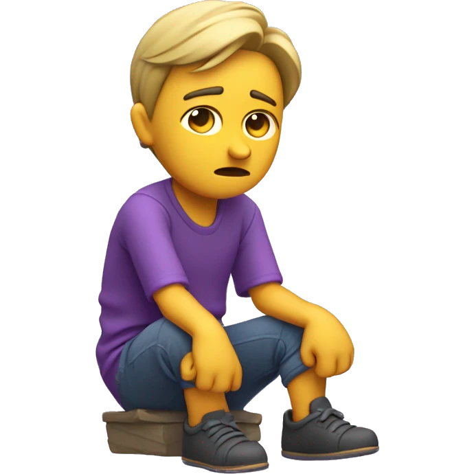 A sad 3D character sitting with slouched shoulders, looking down, and frowning. Teardrops on the face, hands resting in their lap, with a purple color theme enhancing the melancholic mood emoji