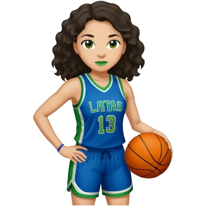 full figure light latino women basketball player with wavy dark hair wearing blue and green uniform emoji