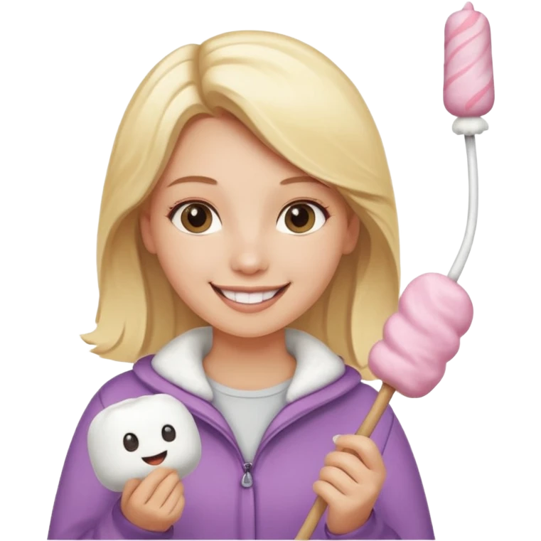 blonde woman cute clothes holding marshmallow stick emoji