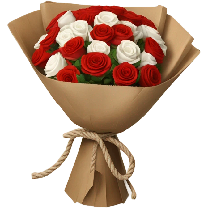Rose bouquet wrapped in brown paper, red and white roses. The paper must show at the back and the bow must be rope. White and res roses emoji