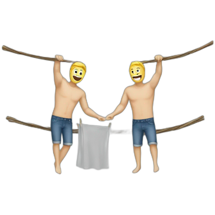 Two white guys hang washing on airer  emoji