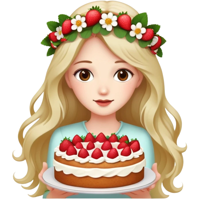A beautiful girl with long hair and a wreath holding a strawberry cake emoji