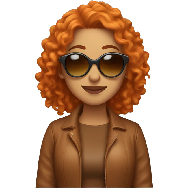 A Latina with curly, orange hair wearing a brown jacket and orange shirt and orange sunglasses waving. emoji