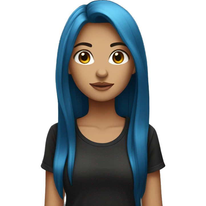 a girl with light tan skin, black T shirt  on,straight long blue hair, brown eyes, standing,very beautiful,very hot emoji