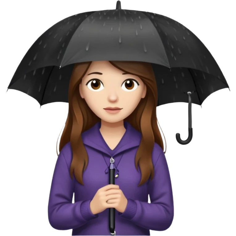 white woman with long brown hair and brown eyes, in a sweater, holding an umbrella in the rain emoji