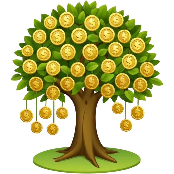 Apple-style money tree (10 coints), round soft green canopy.
No pot, no ground — only the tree.
Small gold coins as fruits inside the leaves (not below).
Flat 2D vector, clean shapes, no gradients.
Dark near-black background, premium fintech icon. emoji