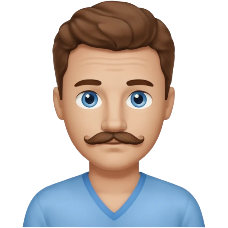 Benson Boone blue eyes, brown wavy hair and mustache, light blue v-neck shirt emoji
