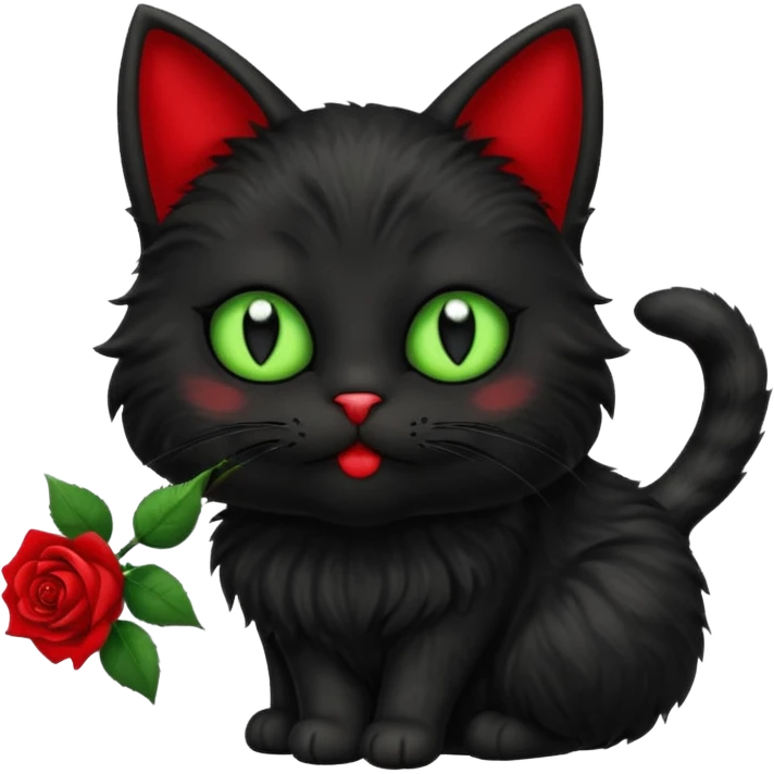 Cute emoji-style black cat holding a red rose in its mouth, big round eyes with light green sclera and black pupils, fluffy fur, clean mascot style, centered, soft beige background, 1:1 ratio. emoji