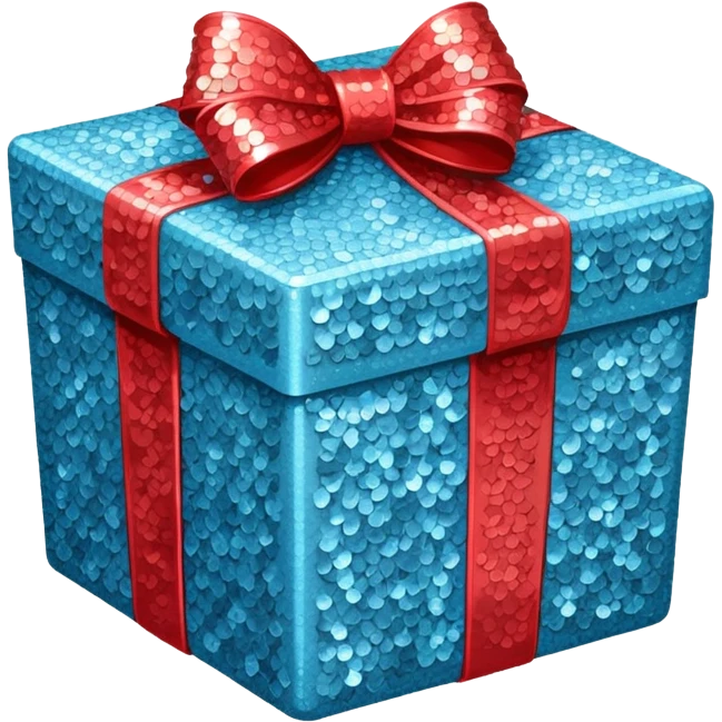 The box is pale blue with sequins and a pale red bow emoji