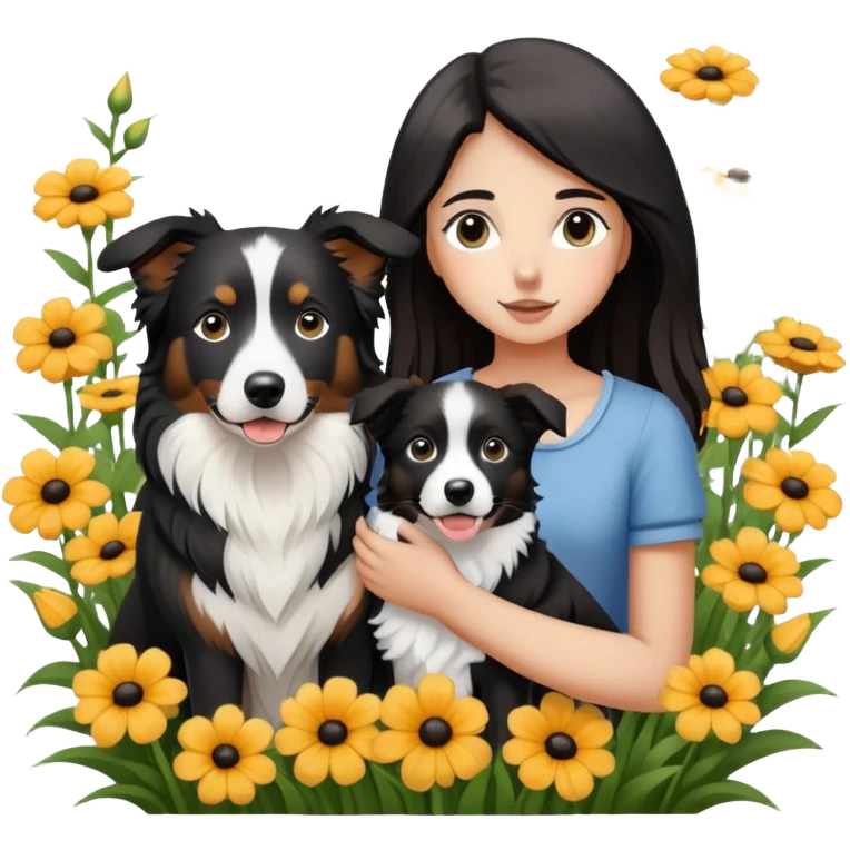 A girl is holding a black and white border collie in the flowers emoji