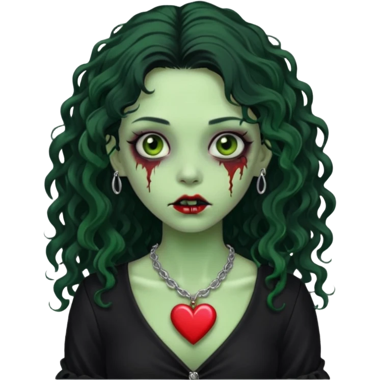 a green zombie girl with a scar on her face, long curly hair, wearing a black blouse and a silver necklace with a heart pendant. emoji