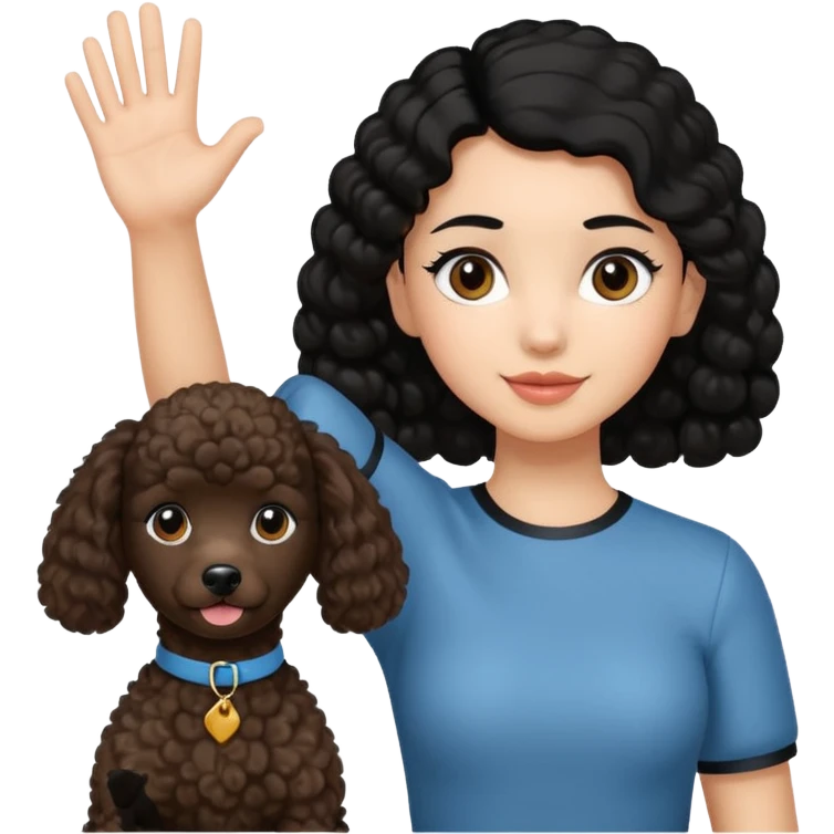 Ponytail black hair girl with brown Poodle say goodbye  emoji