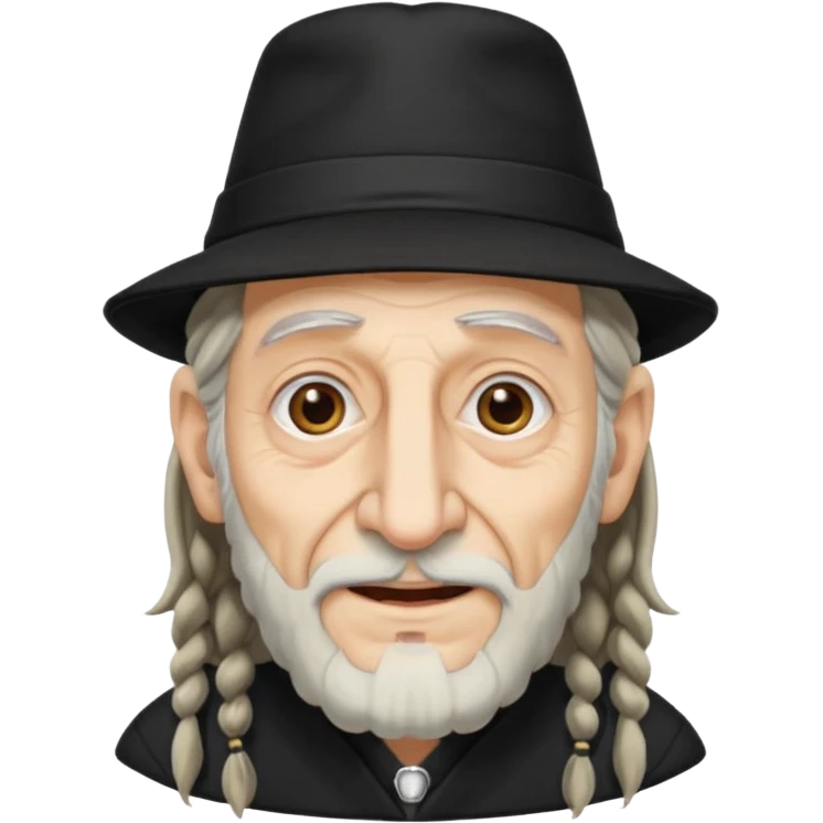 Jewish elderly man emoji with long dread hair on the sides and jewish hat, long big nose and crooked teeth emoji