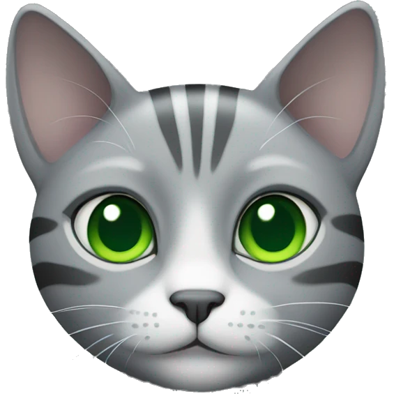 Grey cat with darker grey strips  with green eyes emoji