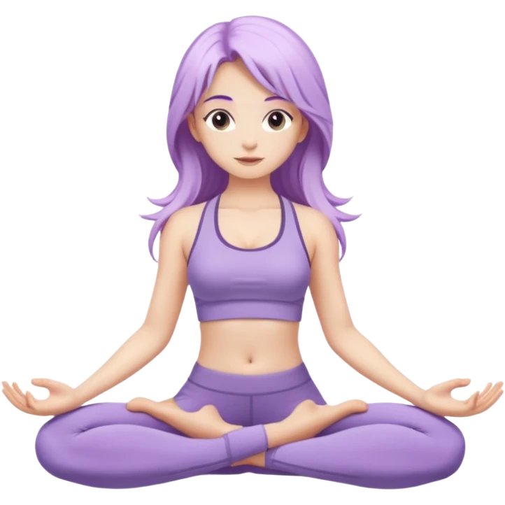 Девушка белокожая, с длинными светло-фиолетовыми волосами, в одежде для йоги, стоит в позе лотоса, в стиле бимбо пилатес, правильные пропорции, только человек emoji