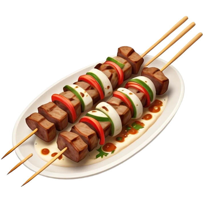 Cinematic Realistic Souvlaki Dish Emoji, showcasing skewered, grilled meat with Mediterranean spices rendered with dynamic textures and warm, appetizing lighting. emoji