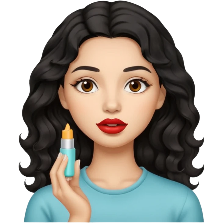 A gorgeous with black wavy hair women applying lipbalm on her brown lips emoji