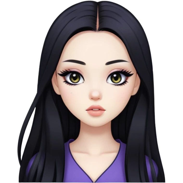 straight black long hair, korean pale skin skin, black iris, pretty bratz baddie, black eyeliner emoji