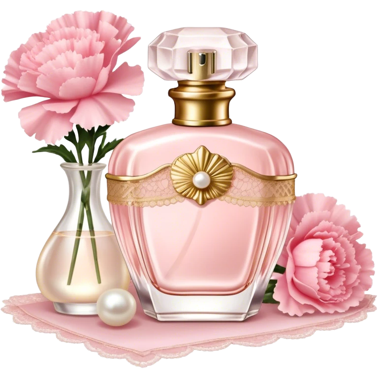 A vintage Shell Pink perfume bottle with gold details beside Pearl Pink carnations, glowing softly in candlelight. A lace-trimmed silk handkerchief adds a touch of romance." emoji