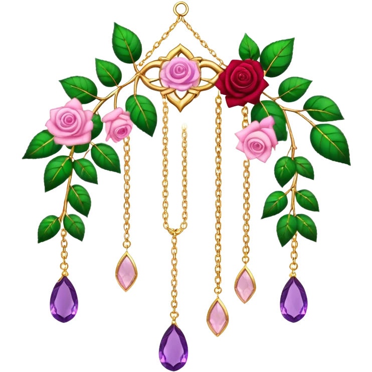 Hanging suncatcher, gold chains with shiny sparkly amethyst and rose-quartz gemstones, roses, beautiful leaves, gorgeous aesthetics emoji
