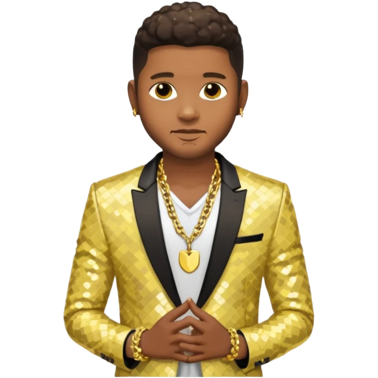 Usher with dark brown, pale yellow sequin suit jacket, shirtless with necklace emoji