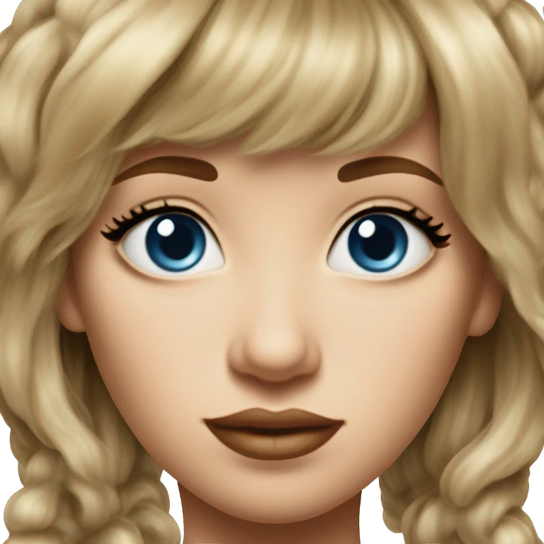Medium length Dirty blonde poofy hair with bangs all across forehead and sides swept away from face woman of 60 with blue eyes  emoji