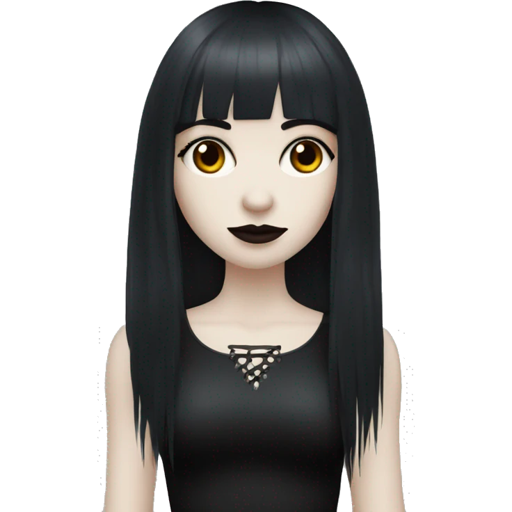 goth girl that has pale white skin and Long Dark Red hair and has fringe bangs emoji