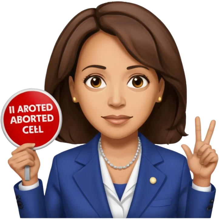 Kamala Harris but without hair holding a sign saying I abourted my last brain sell emoji