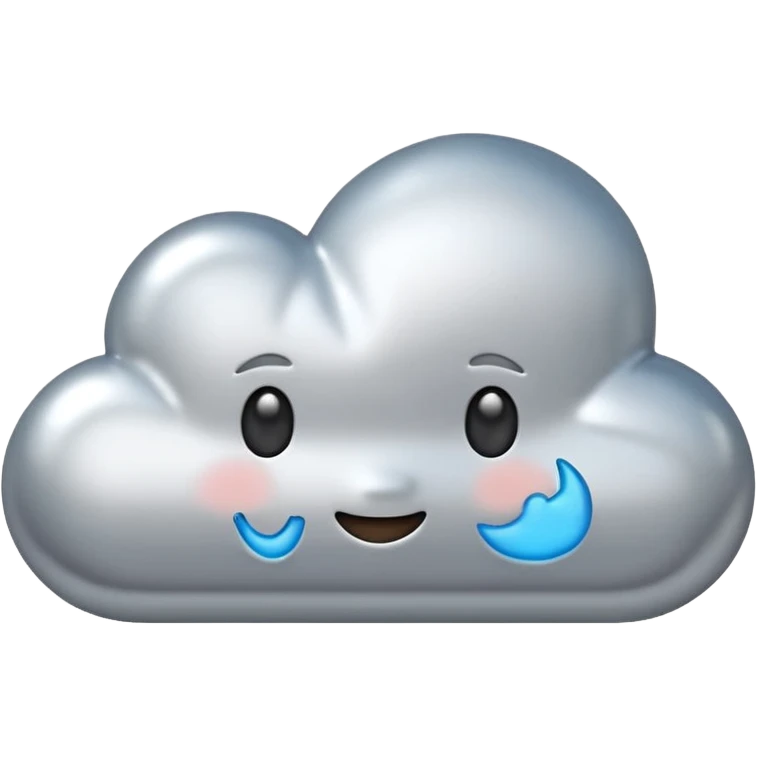 A cute cloud emoji made of silver chrome, smooth rounded shape, glossy metallic surface, soft reflections, minimal and friendly design, iOS emoji style, centered, clean white background, soft lighting emoji