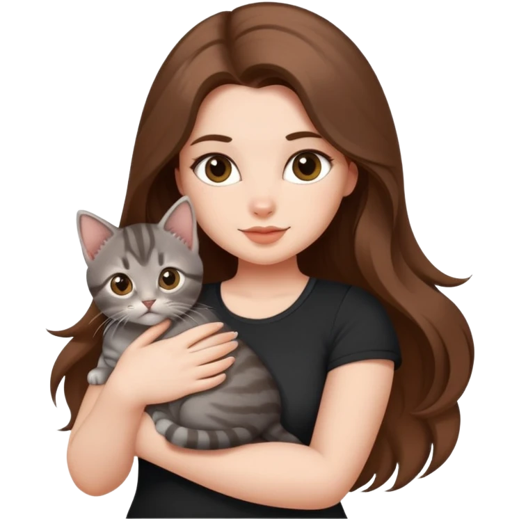 Hot curvy woman, long hair, with super cute kitten, she is white with brown hair, black top, the cat is a grey tabby emoji