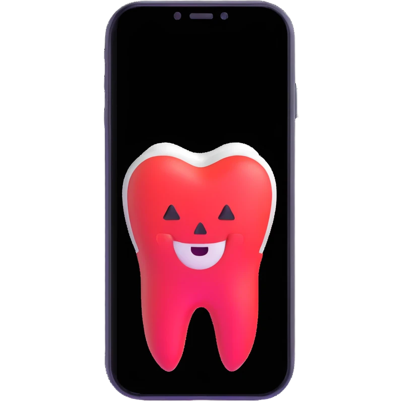smartphone with a tooth-shaped logo on screen emoji