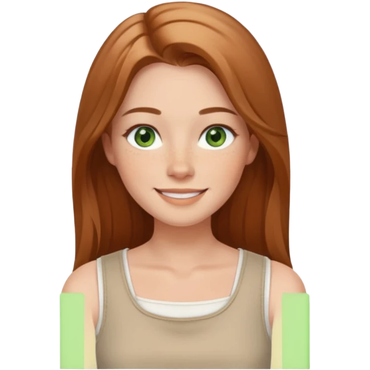 confident woman named Freya McOmish, smiling, green eyes, long light brown hair with a center part, subtle freckles, modern casual style, broad shoulders, wearing a white sleeveless square neck top emoji