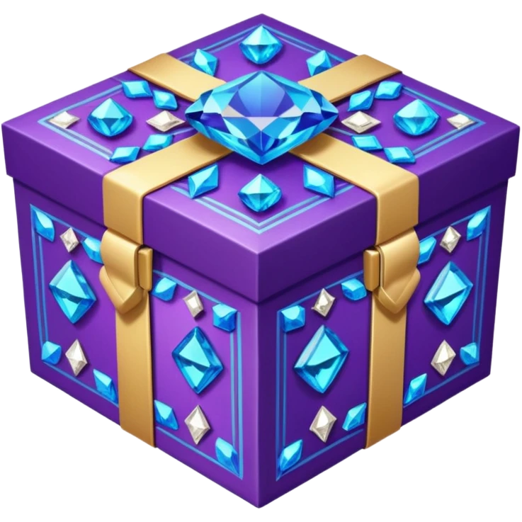  gift box . The square box displays vibrant purple panels with shimmering blue accents and intricate metallic detailing along its borders. Embed decorative gemstones and crystals at each corner for added visual interest. emoji