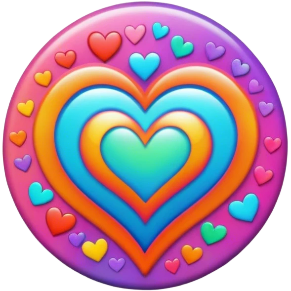 A round psychedelic colored button with love emoji
