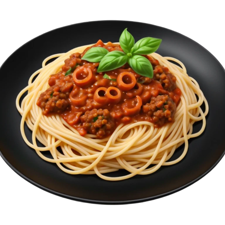 Spaghetti Bolognese on a black plate,nice basil on top emoji
