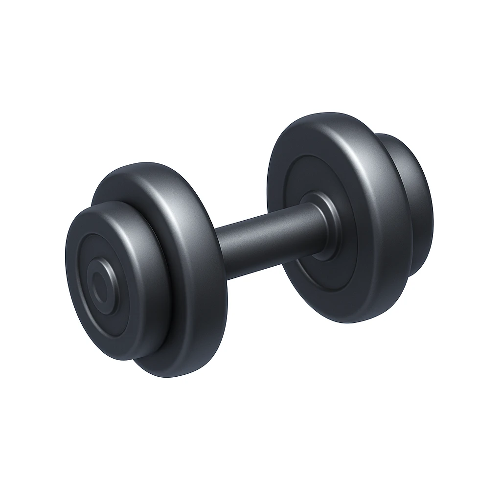 Create a dumbbell emoji that looks exactly like the reference image in iOS emoji style. The emoji should have a 3D appearance with shiny, smooth gradients, soft shadows, a realistic shape, and a metallic texture. emoji