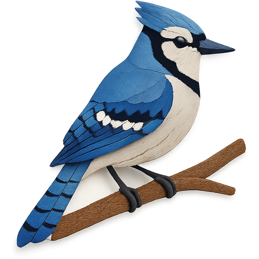 close-up of a blue jay perched on a tree branch, fine paper edges, vivid blue and black markings emoji