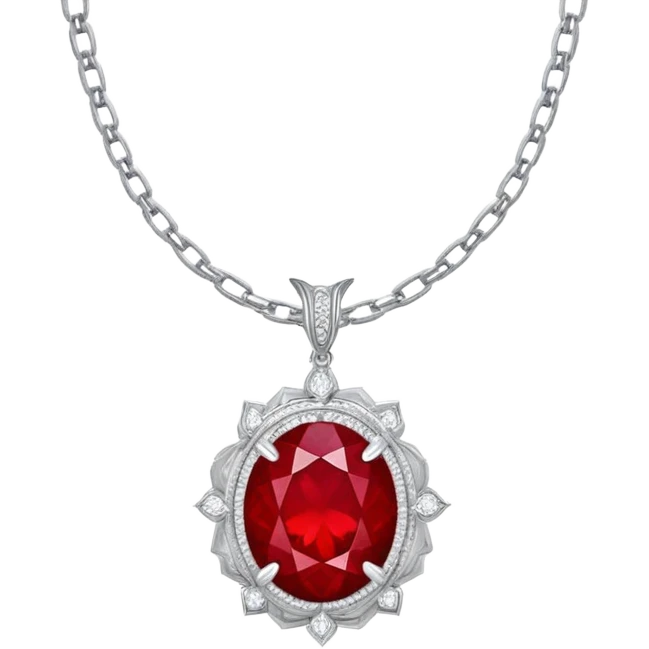 phoenix-inspired ruby pendant, deep red with a pulse of light, silver chain and white stone halo emoji