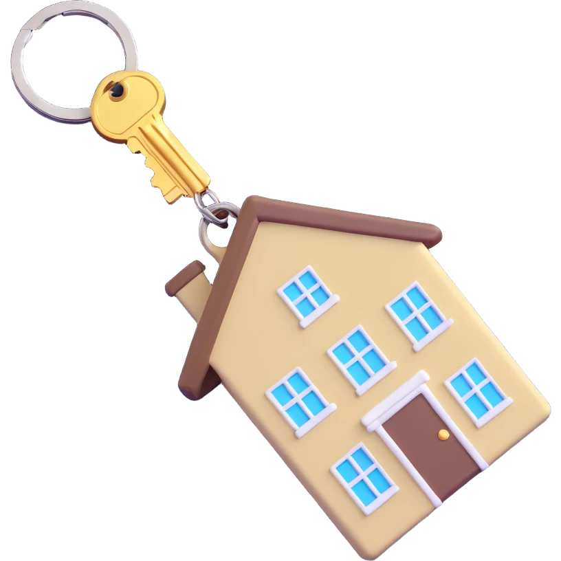 keychain with a khaki key and a white house-shaped key fob, 3D Emoji style, soft shadows and highlights, transparent background, no decoration, side view emoji