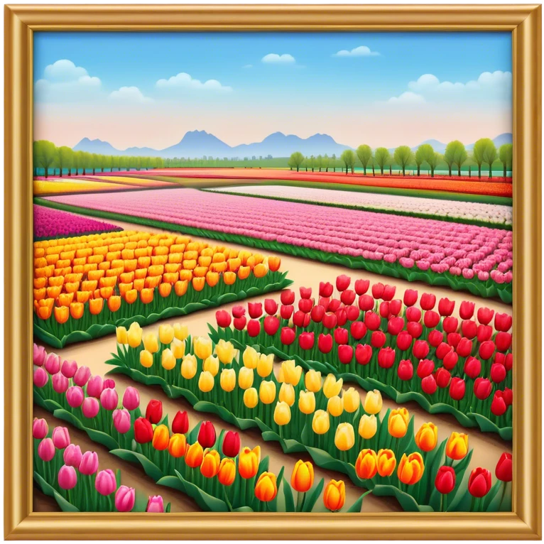 Cinematic Realistic Keukenhof Gardens Landmark Emoji, showcasing expansive tulip fields rendered with crisp, lifelike detail and radiant lighting. emoji