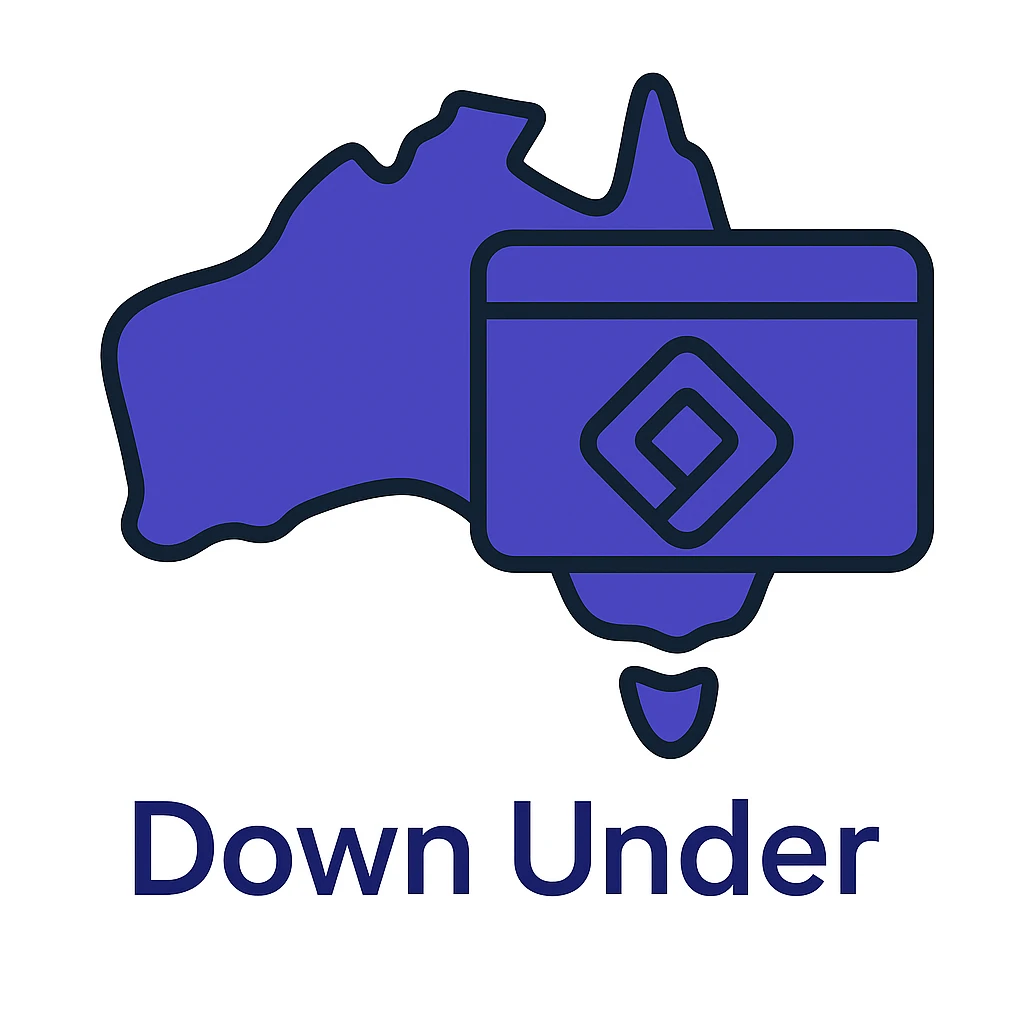 Add the wording 'Down Under' in a clean, modern font below the map of Australia with the official Microsoft Power Pages icon overlay. Use #403DAD as the main color, no digital web overlay emoji