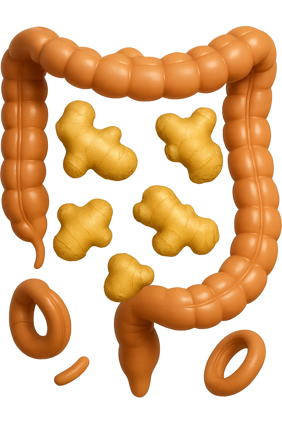 emoji stile iphone 3d di 6 piccoli pezzi di zenzero che fluttuano in aria con pezzi di colon arrotolati intorno, iperrealistico 4k emoji