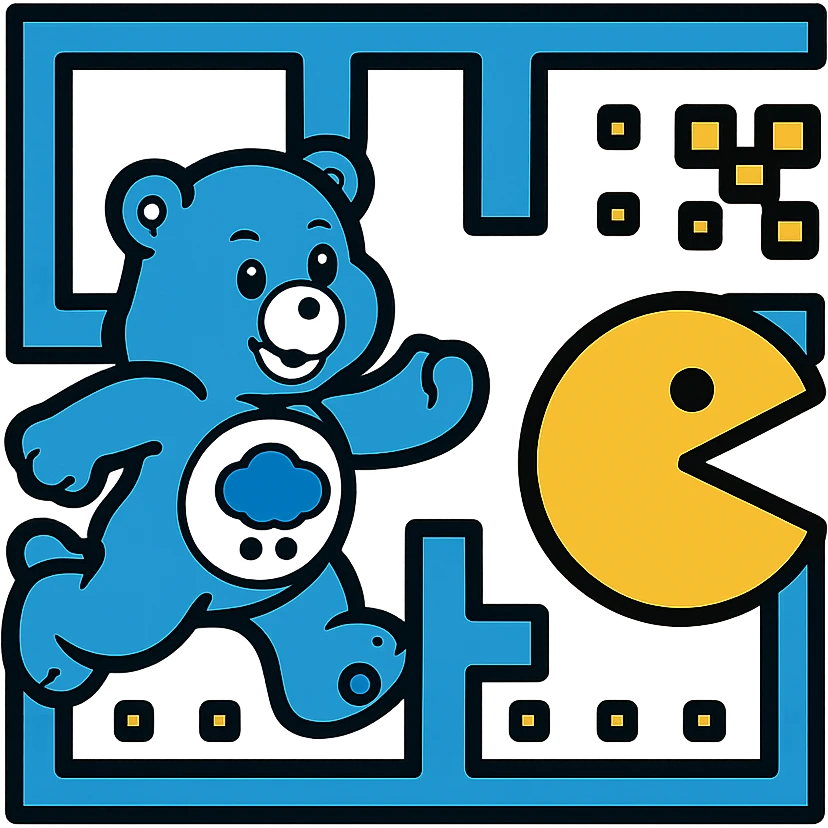 Care Bears and Pacman escaping from a pixelated maze, 80's video game style emoji