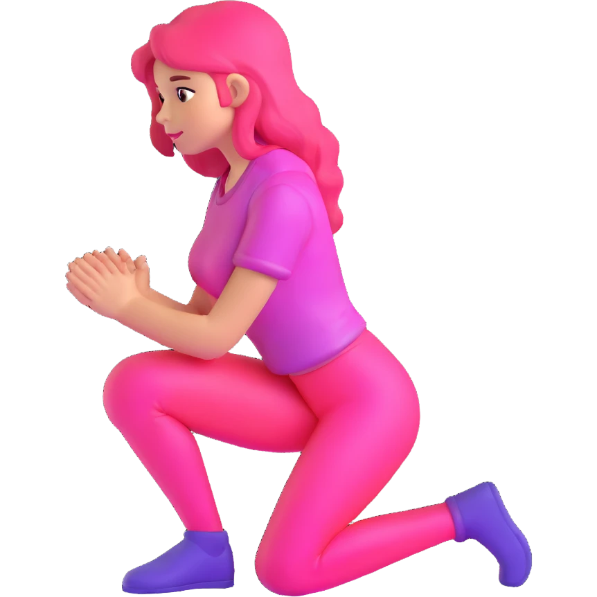 Girl kneeling in playful pose, transparent glass style, bright pink gradient, with shadows and highlights, minimalist design emoji