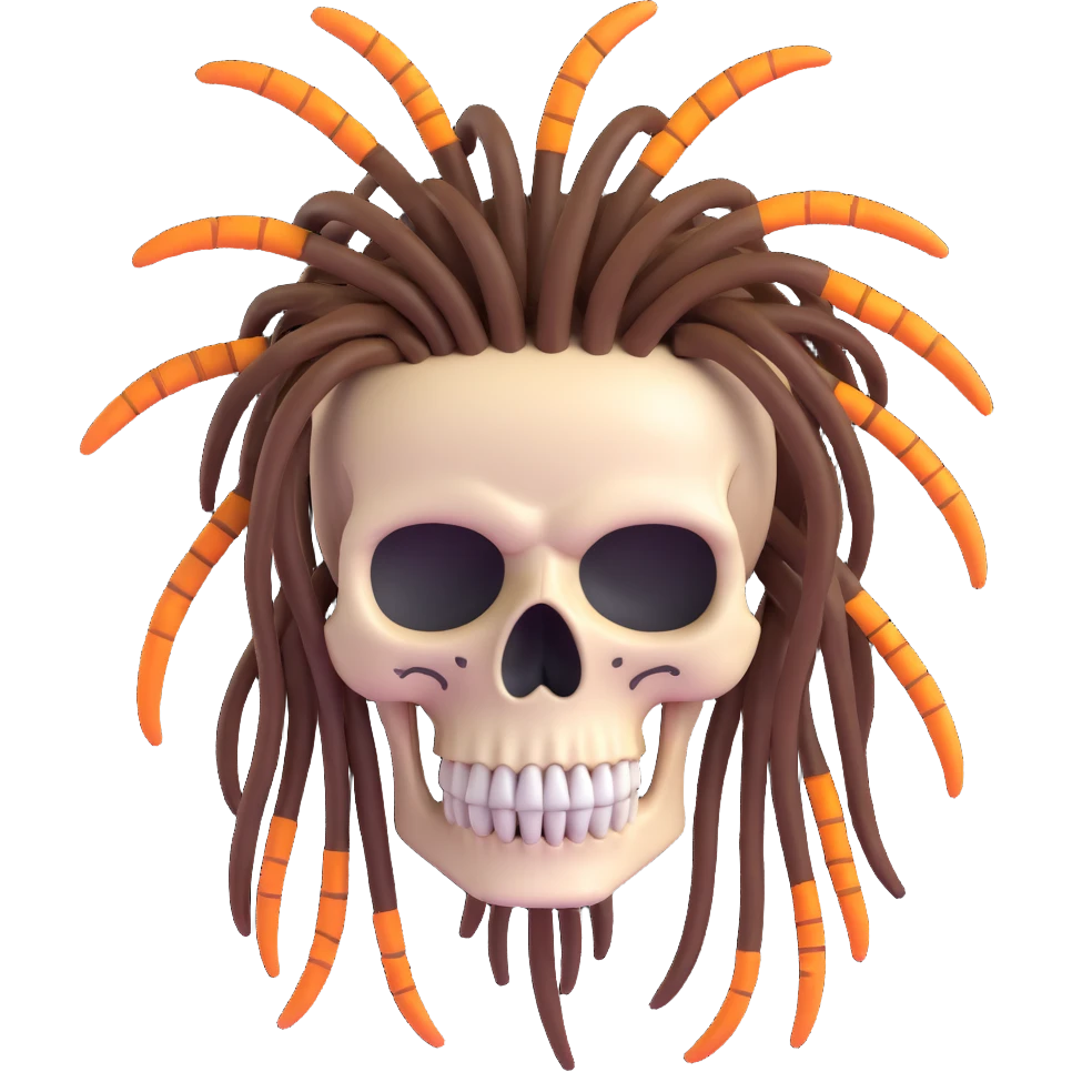 3D cartoon skull with dreadlocks, playful and bold emoji