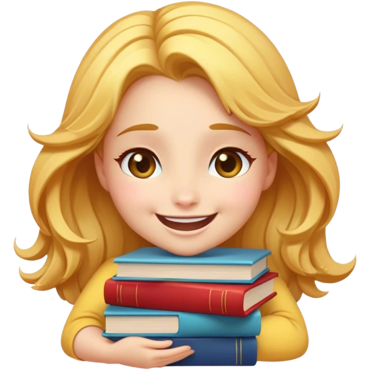 Cinematic Adorable Belle Portrait Emoji, Giggling as she hugs a stack of books, eyes twinkling with excitement, golden hair tousled slightly, a perfect mix of beauty and endearing nerdiness! emoji