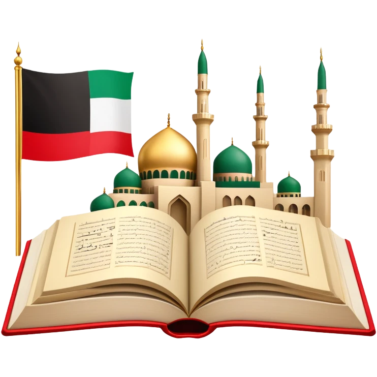 An icon featuring the mosque and the big flag of United Arab Emirates, symbolizing the Arabic language. The design includes an open book with Arabic script and calligraphy, representing language learning and cultural heritage. Transparent background emoji