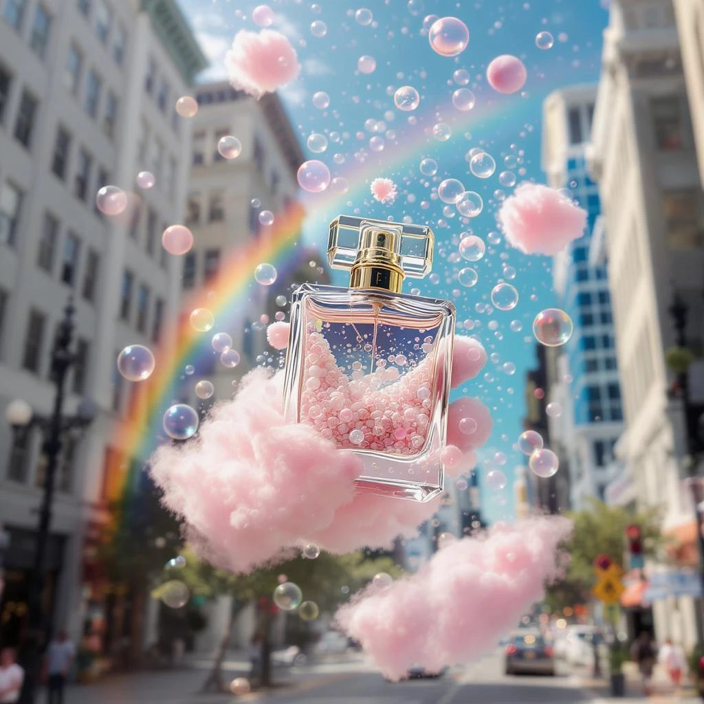 Cinematic still perfume bottle inside bubbles flying around San Francisco downtown, sunny summer day, happy vibe, colorfull surround, rainbow, small cute pink clouds around emoji
